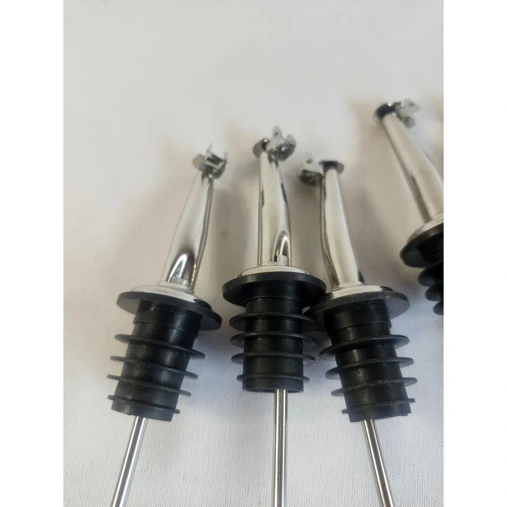 Set of 8 Stainless Steel Weighted Liquor Bottle Pourers W/ Flip Top Lids Silver